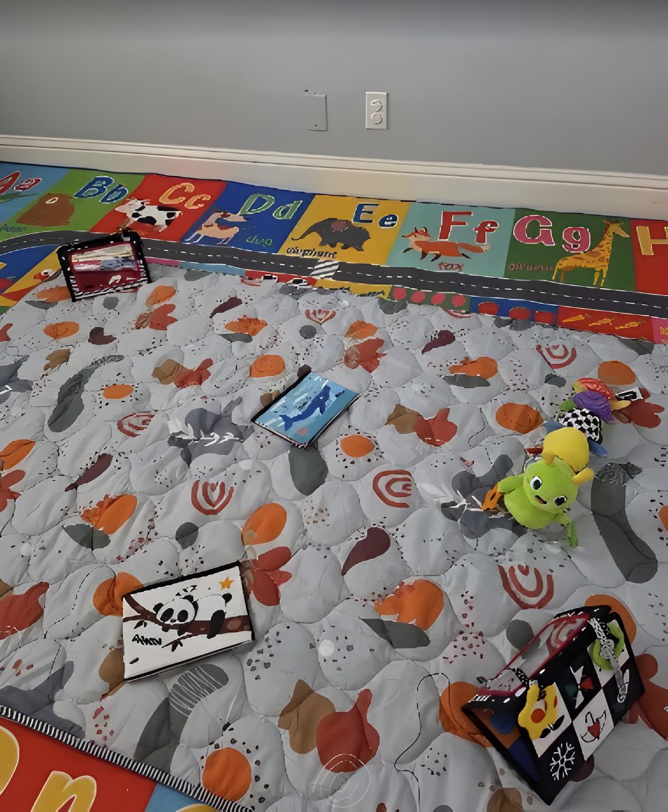 Soft infant play mat with sensory books and toys