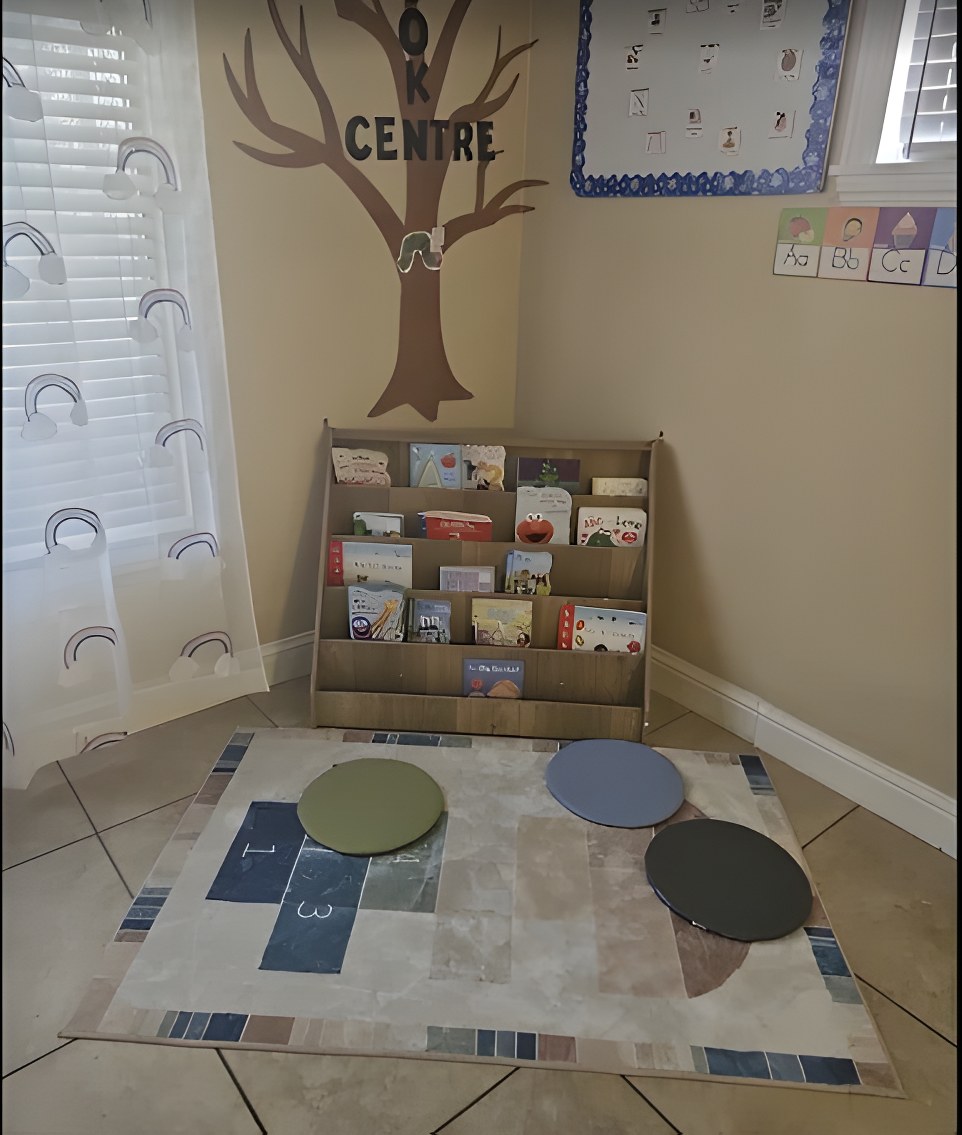 Reading corner with a bookshelf and floor cushions
